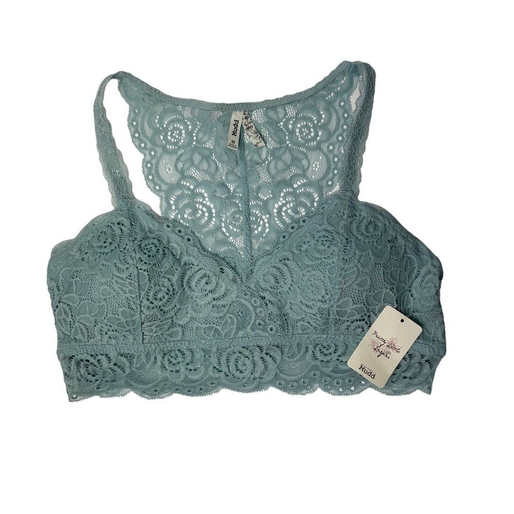 Mudd Women Teal Lace Bralette Crop Top Wireless Bralette Racerback Size M